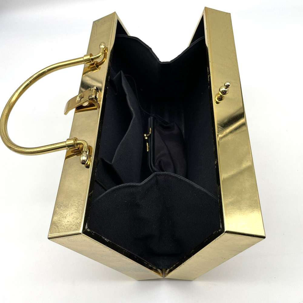 Vtg 70s Lou Taylor Miami Gold On Gold Art Deco Padded Frame Box Handbag Purse - Picture 10 of 12